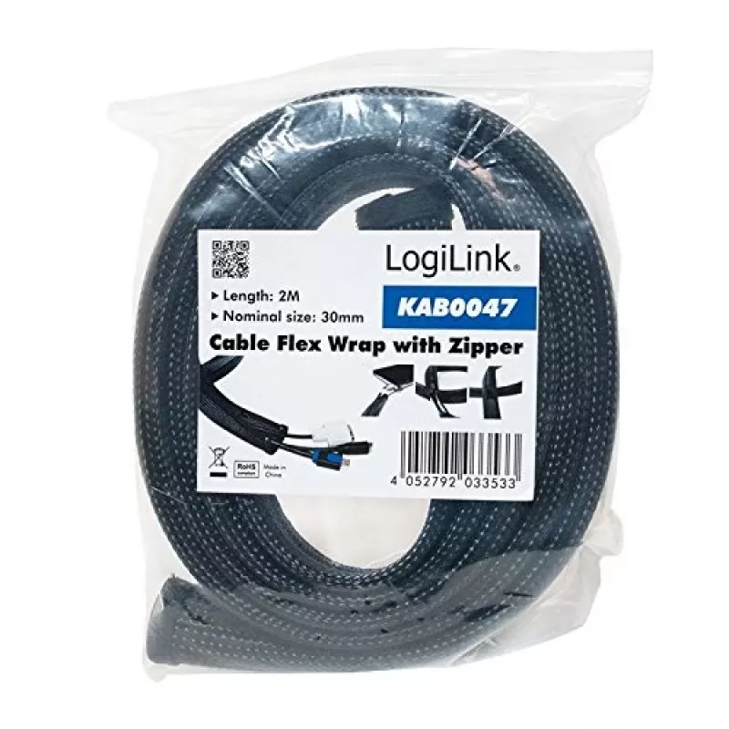 LOGILINK KAB0047 Lankstus laidų organizatorius su užtrauktuku, juodas, 2 m