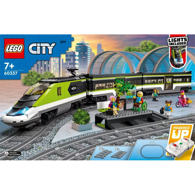 LEGO City 60337 Express keleivinis traukinys su nuotolinio valdymo pultu, žaislas vaikams, berniukams ir mergaitėms, su veikiančiais priekiniais žibintais, 2 vagonais ir 24 bėgių dalimis