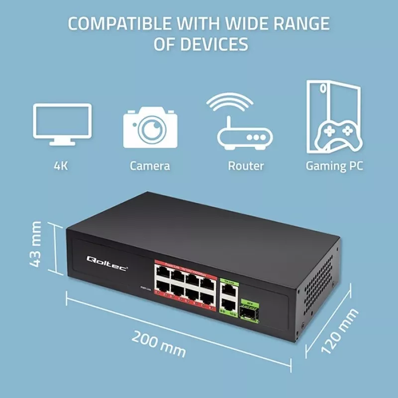 Ethernet Switch QOLTEC 52297 PoE RJ45 su PoE Uplink ir SFP prievadu