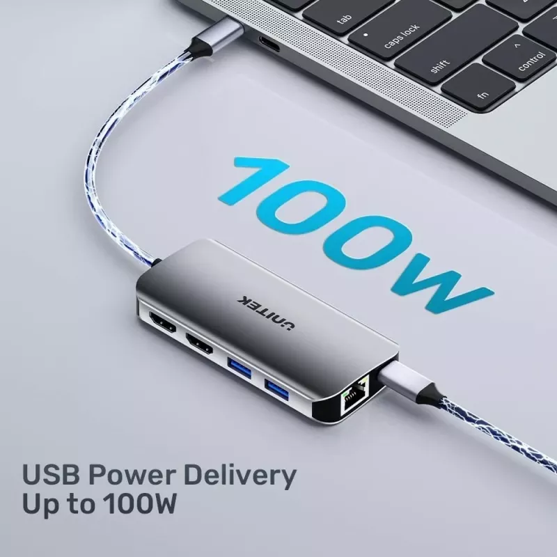 USB-C Hub Unitek D1122A01 su 2x HDMI 4K ir 100W maitinimo tiekimu