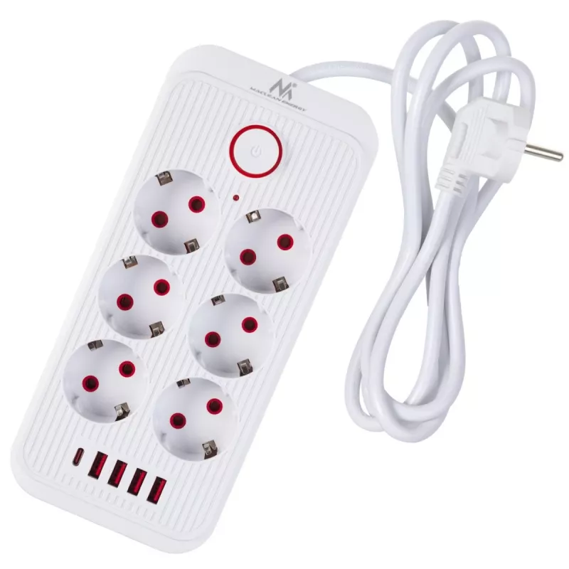 Maitinimo blokas MACLEAN MCE389 W – 6 kištukinių lizdų, 4×USB-A, 1×USB-C, 2500W, 110–240V, 1,5 m laidas, baltas