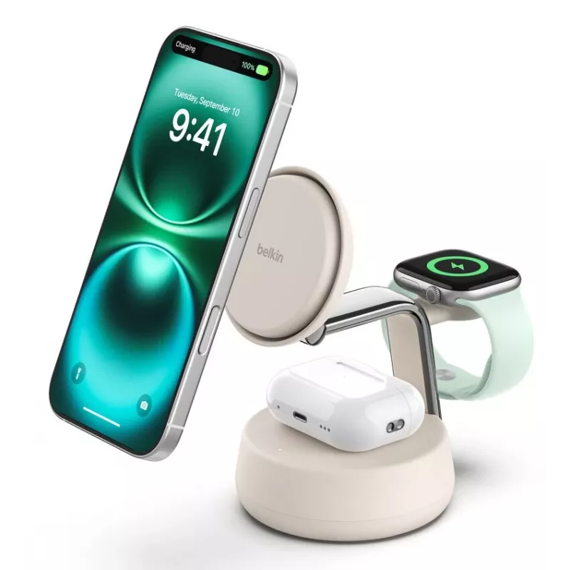 Belaidis USB įkroviklis Belkin Qi2 WIZ040KQSD — 25 W, USB maitinimas, 1,5 m laidas, baltas, skirtas išmaniajam telefonui, išmaniajam laikrodžiui, ausinėms, fitneso apyrankei