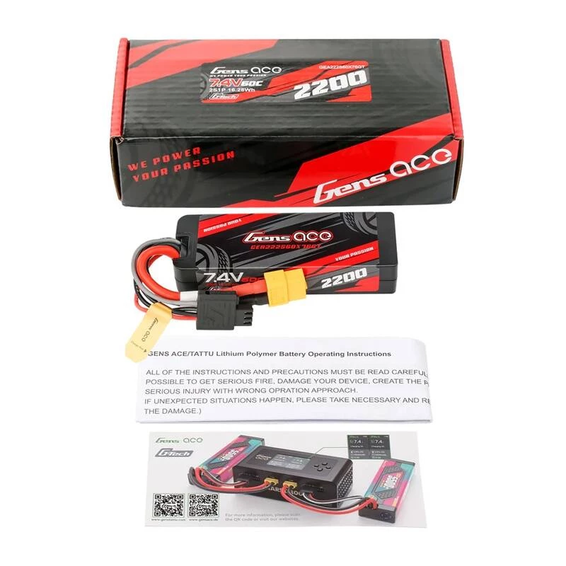Lipo akumuliatorius Gens ace G-Tech 2200mAh 7.4V 2S1P 60C GRP-76 Hardcase su XT60 kištuku