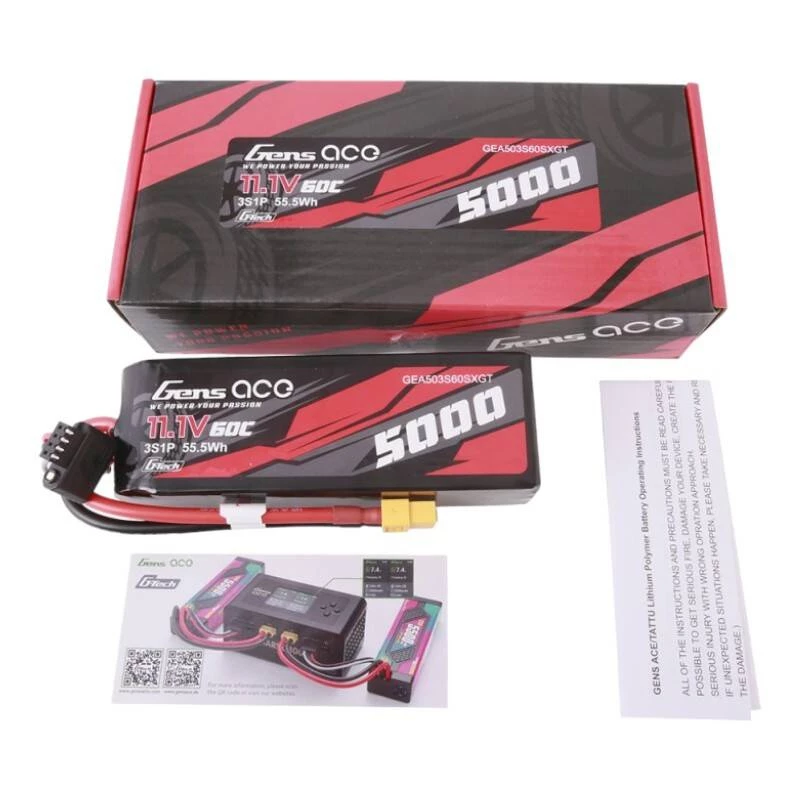 Gens ace G-Tech 5000mAh 11.1V 60C 3S1P trumpo formato LiPo akumuliatorius su XT60 kištuku