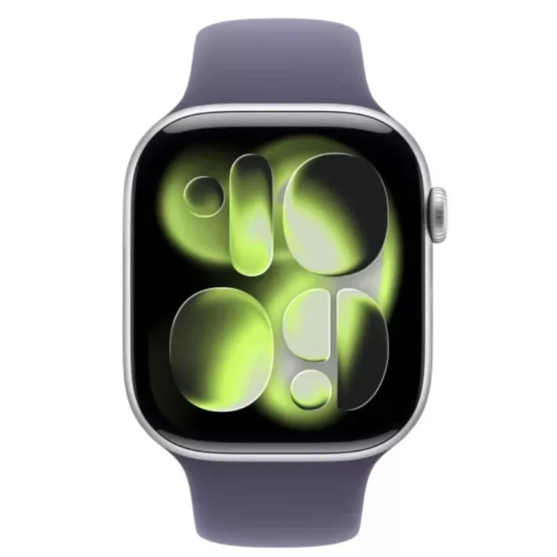 Apple Watch Series 11 GPS 46mm sidabrinis aliuminio korpusas su Purple Fog sportine juostele – M/L