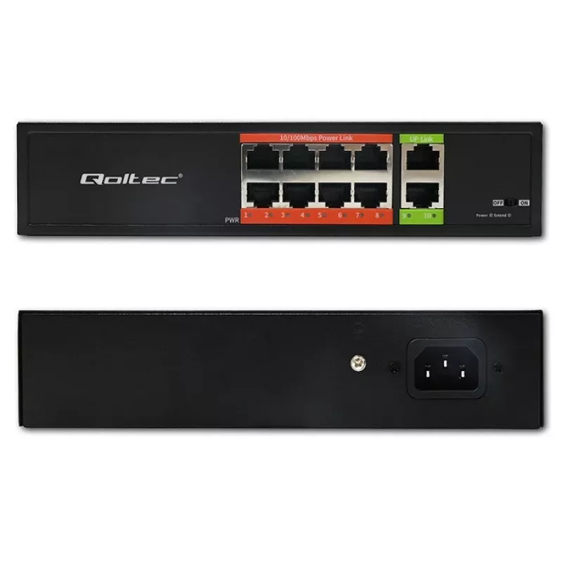 Tinklo jungiklis QOLTEC FAST Ethernet PoE 8xRJ45 su 2xRJ45 uplink (model 52290)