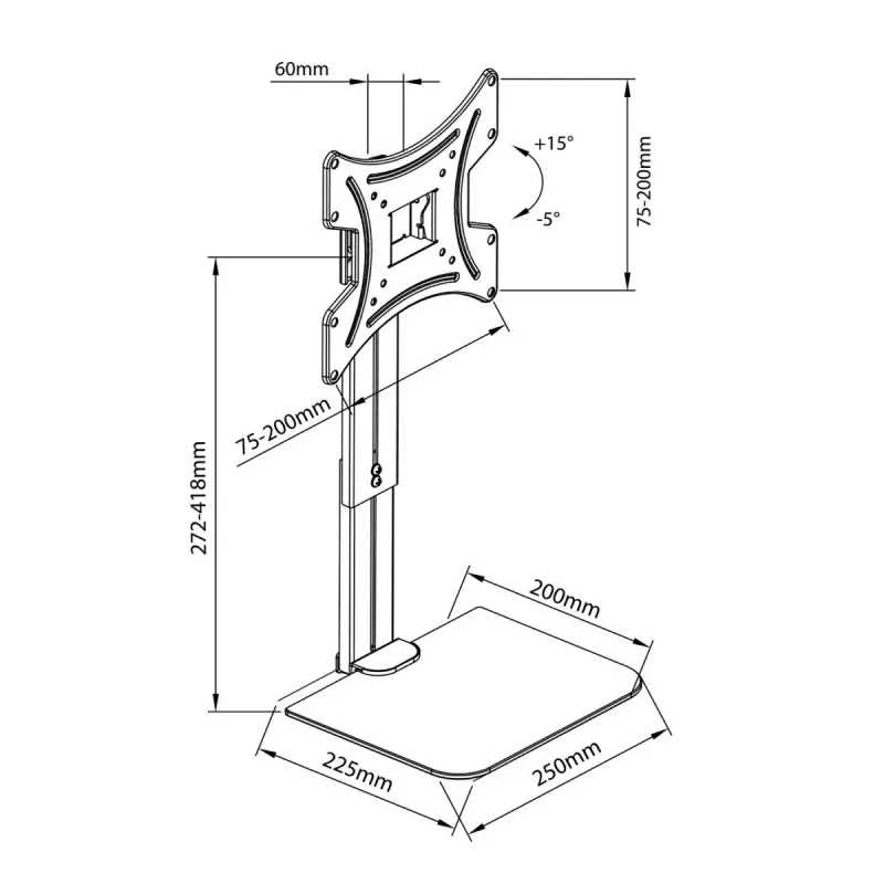 TV laikiklis MACLEAN MC-451 su lentyna ir pasvirimo reguliavimu, VESA 75x75–200x200 mm, iki 20 kg, 15–42 colių ekranams