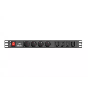 Maitinimo paskirstymo blokas LANBERG PDU-04E04I-0200-IEC-BK — 1U, 4 lizdai C13 (E tipas), 2 m laidas, 10 A, 220–250 V