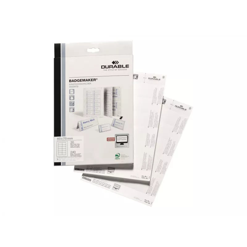 Durable 1453-02 Įdėklai vardų kortelėms, 240 vnt., A4 perforuoti lapai