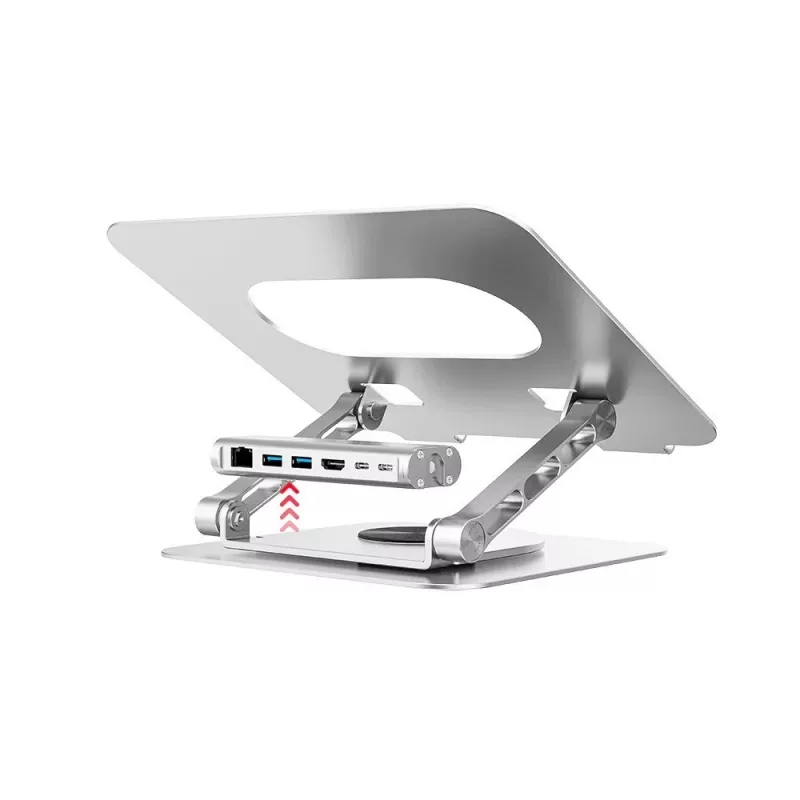 Unitek D1109B01 stovas nešiojamam kompiuteriui – aliumininis reguliuojamas stovas su nuimamu USB‑C HDMI 4K PD 100W, 2x USB‑A, RJ‑45, iki 17 colių