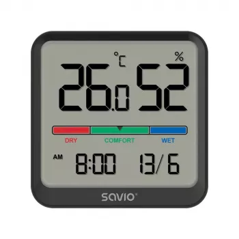 Vidaus temperatūros ir drėgmės jutiklis SAVIO CT-01/B pastatomas, LCD, -10–55°C, 10–99% RH, CR2032