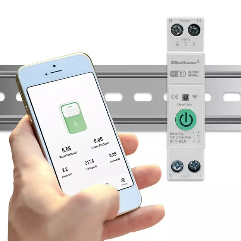 DIN-bėgio WiFi relė QOLTEC 50881 – 63A pagrindinė perjungimo relė elektros instaliacijai