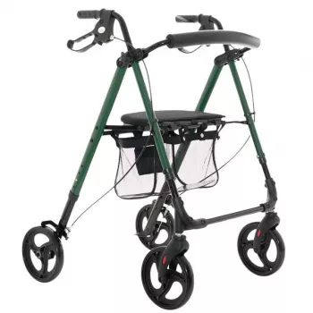 Vaikštynė su sėdyne ir krepšiu MDH Green, aliumininis rėmas, 4 ratai, reguliuojamas aukštis, maks. apkrova 136 kg