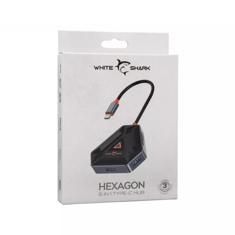 USB-C šakotuvas SBOX HEXAGON 6-in-1 su HDMI ir Ethernet, Type-C, baltas