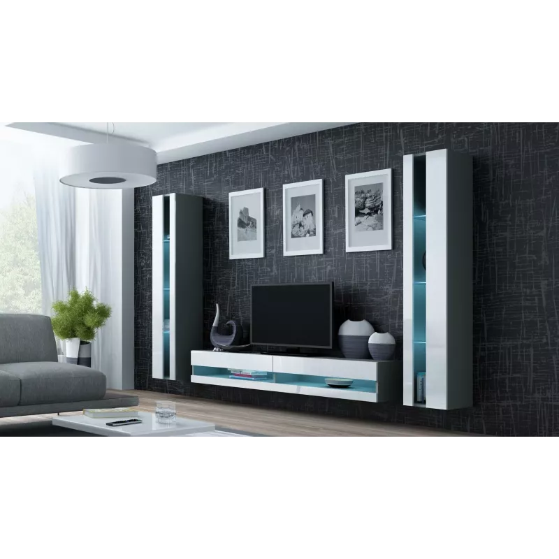 TV spintelė Cama Meble VIGO NEW 30/140/40 — 1400×400×300 mm, pilkas viršus, pilkas rėmas, balti blizgūs fasadai