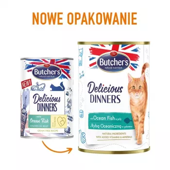 Šlapias kačių ėdalas butcher's Delicious Dinners Ocean Fish Chunks in jelly 400 g, žuvies skonio, senjorams, skardinė