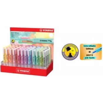 Stabilo Textmarker swing cool Pastel – pastelinis žymeklis, 48 spalvų vitrina, kaltinis antgalis 1,0–4,0 mm, kišeninis modelis, vienetinis