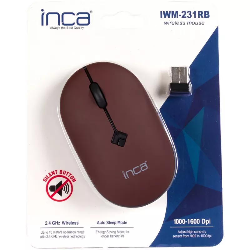INCA Mouse IWM-231RB belaidė pelė, 1600 DPI, 4 mygtukai, ruda, 2,4 GHz