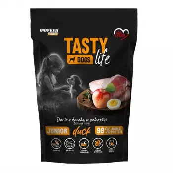 Šlapias šunų ėdalas BIOFEED Tasty Life junior 90% antis 500 g – pilnavertis ėdalas augimui, 11,5% baltymų, 8,5% riebalų