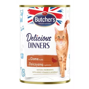 Šlapias kačių ėdalas Butcher's Delicious Dinners 400 g – suaugusioms katėms, elniena, 82% drėgmės, 8,5% baltymų, 5,5% riebalų