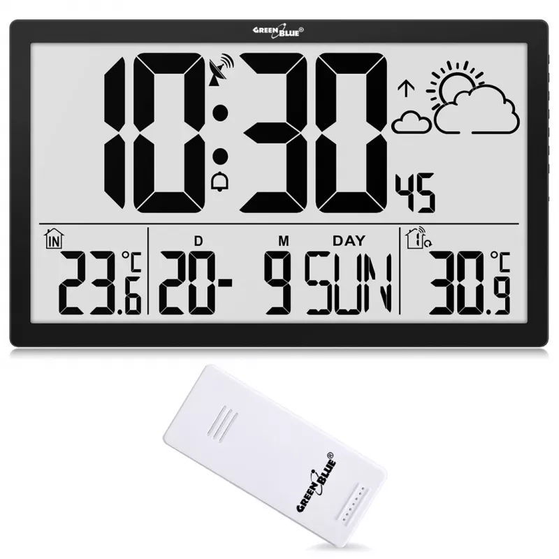 Sieninis laikrodis GreenBlue GB218 – didelis LCD ekranas, oro stotis, vidaus/lauko temperatūra, datos rodymas
