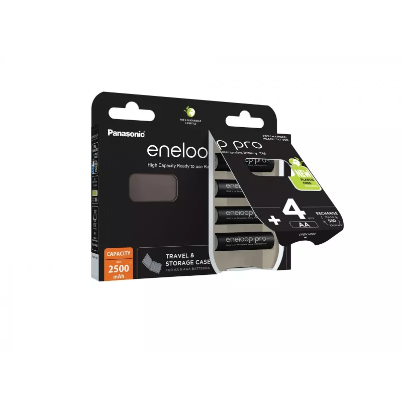 Įkraunamos baterijos PANASONIC ENELOOP PRO AA 2500 mAh 4 vnt. + dėklas (BK-3HCDE/4CP+CASE)