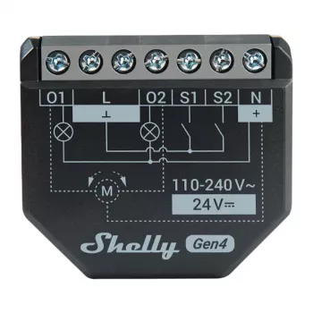 Shelly 2PM Gen4 žaliuzių ir roletų valdiklis 2 kanalai, AC 110–240V, 2.4 GHz Wi‑Fi, 1.4 W, 8000 KB flash