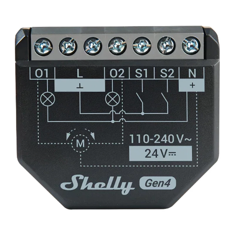 Shelly 2PM Gen4 žaliuzių ir roletų valdiklis 2 kanalai, AC 110–240V, 2.4 GHz Wi‑Fi, 1.4 W, 8000 KB flash