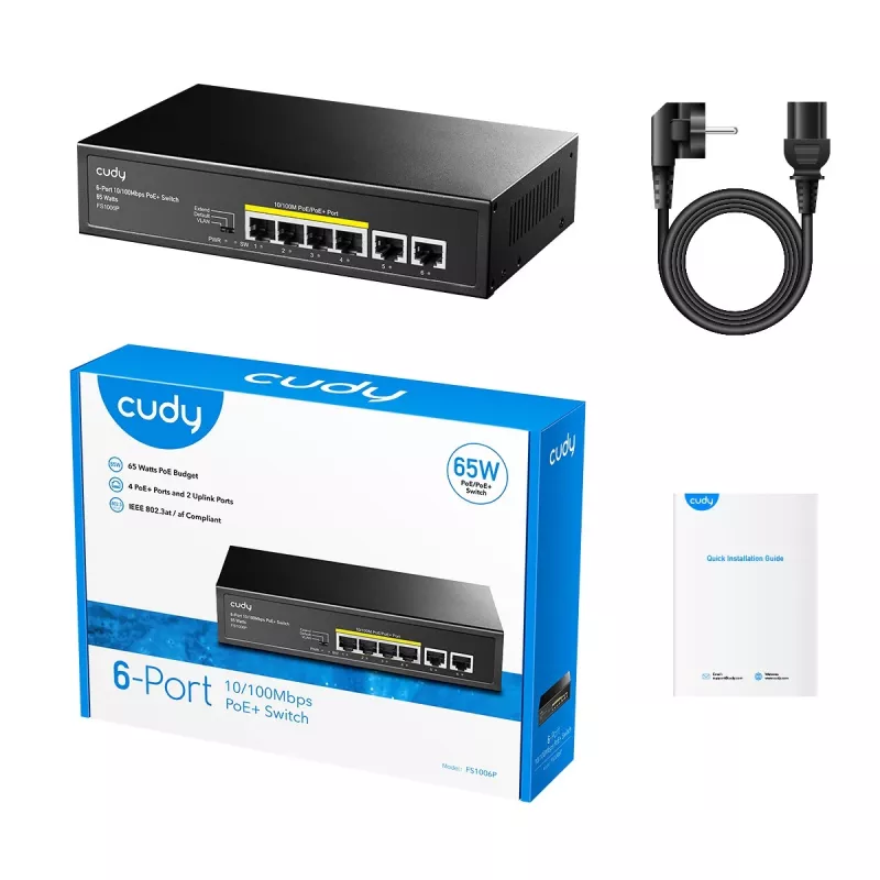 Tinklo jungiklis Cudy FS1006P Fast Ethernet 6 prievadų (4 PoE, 1 PoE+) 10/100 Mbps, 1,2 Gbit/s pralaidumas, metalinis korpusas, montavimas ant stovo/sienos
