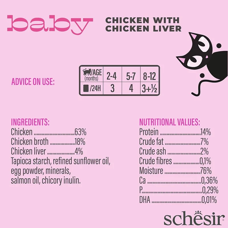 Šlapias kačių ėdalas Agras Pet Foods Schesir Baby in Brühe 70 g – vištiena, be grūdų, jaunoms katėms