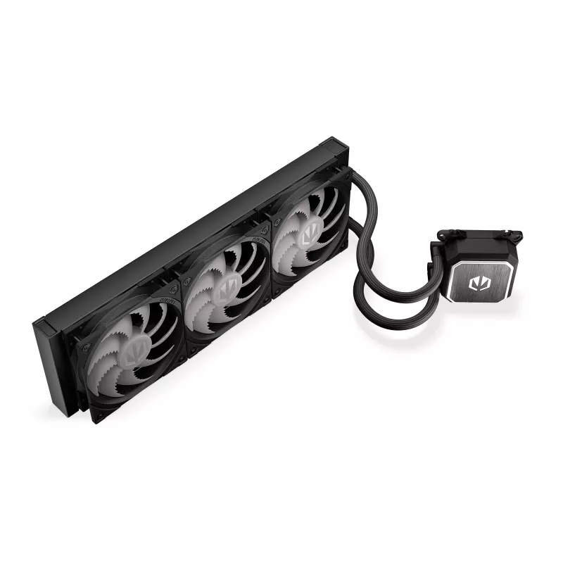 Skysčio aušintuvas ENDORFY Navis F360 ARGB Juodas – 360 mm radiatorius, 3x 120×25 mm ventiliatoriai, 250–1800 RPM, siurblys 1600–2600 RPM, LGA 1700/AM5/AM4