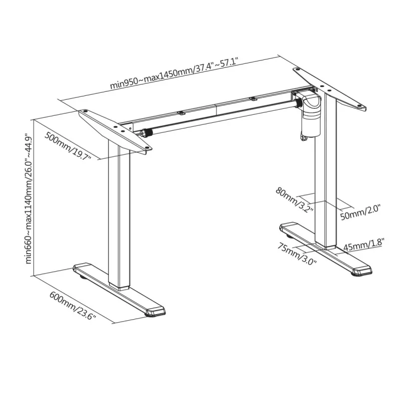 Ergo Office Vieno Variklio Elektrinis Stalas, Reguliuojamo Aukščio, Stovimai Pozicijai, max. 80kg, max. aukštis 1160mm, ER-443