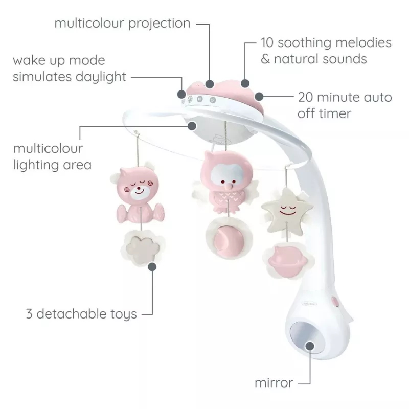Muzikinė dėžutė kūdikiams B-kids 3in1 Infantino 150302050 — pudros rožinė, 3 viename raminantis žaislas