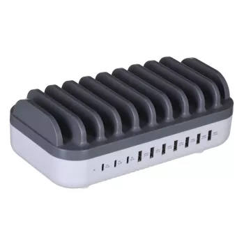 Manhattan įkrovimo stotelė, 10 prievadų: 3x USB-C (iki 18W PD) ir 7x USB-A (iki 12W), 120W bendra galia, balta/pilka, trejų metų garantija