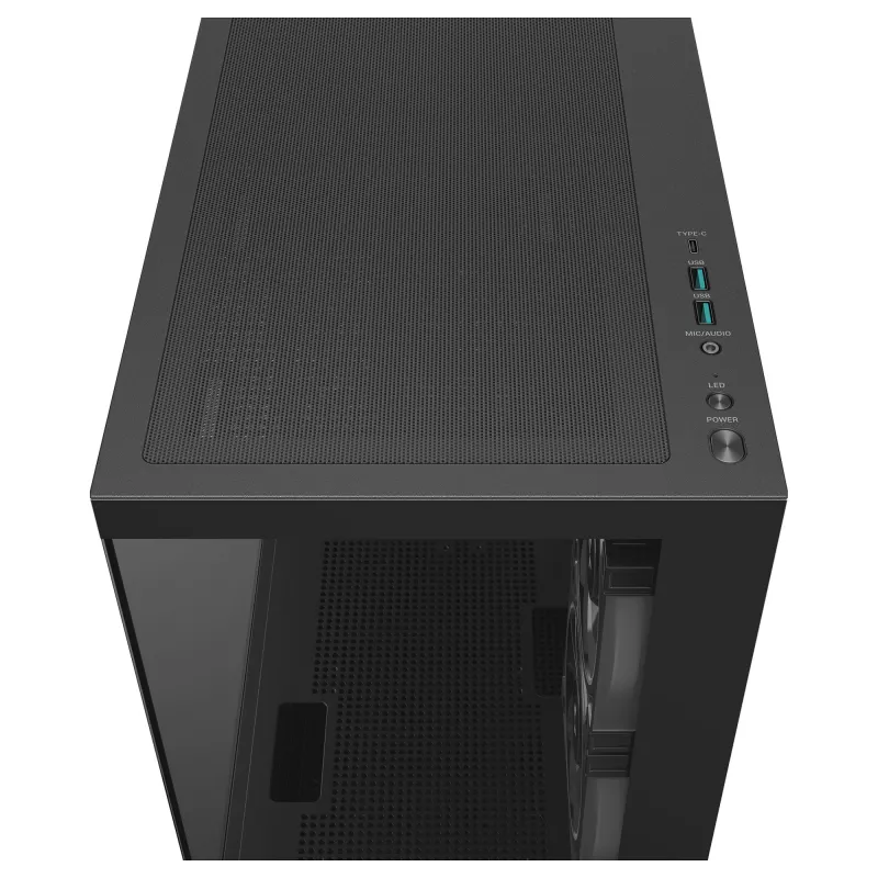 PC korpusas Midi Tower DeepCool CG380 3F – juodas, 235×437×451 mm, su 2x120 mm šoniniais ir 1x120 mm galiniu ventiliatoriumi, maitinimo šaltinis apačioje, 2,5 colio/3,5 colio kietieji diskai