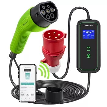 Qoltec Mobile EV automobilio įkroviklis reguliuojamas 2in1 Type2 | 7kW | 230V | CEE 3 kištukas | Wi-fi | LCD | Nešiojamas | Sieninis | 5m