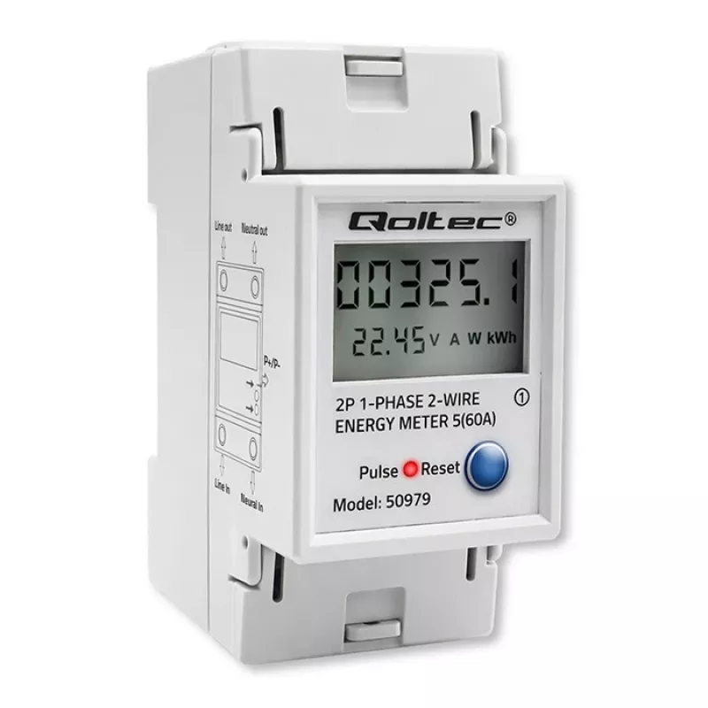 Energijos skaitiklis QOLTEC vienfazis DIN bėgelis 230V (MPN 50979)