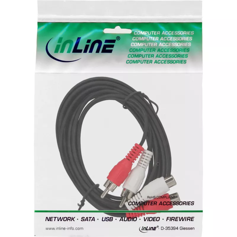 InLine garso kabelis 2x RCA kištukas / lizdas 20 m, juodas