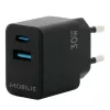 MOBILIS 001362 Universal Black AC Auto – 30W GaN įkroviklis su USB-C ir USB-A