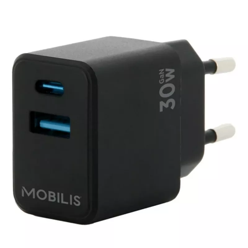 MOBILIS 001362 Universal Black AC Auto – 30W GaN įkroviklis su USB-C ir USB-A
