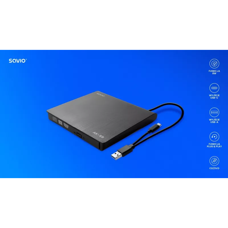 SAVIO AK-59 Išorinis plonas CD/DVD įrašytuvas R/RW - USB-C/USB-A, juodas