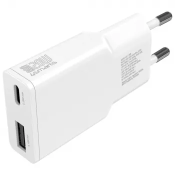 Kintamosios srovės patalpų mobiliojo įrenginio įkroviklis 4smarts 541509 — 100–240V, USB-A + USB-C, 1.5 m laidas, greitas įkrovimas, baltas