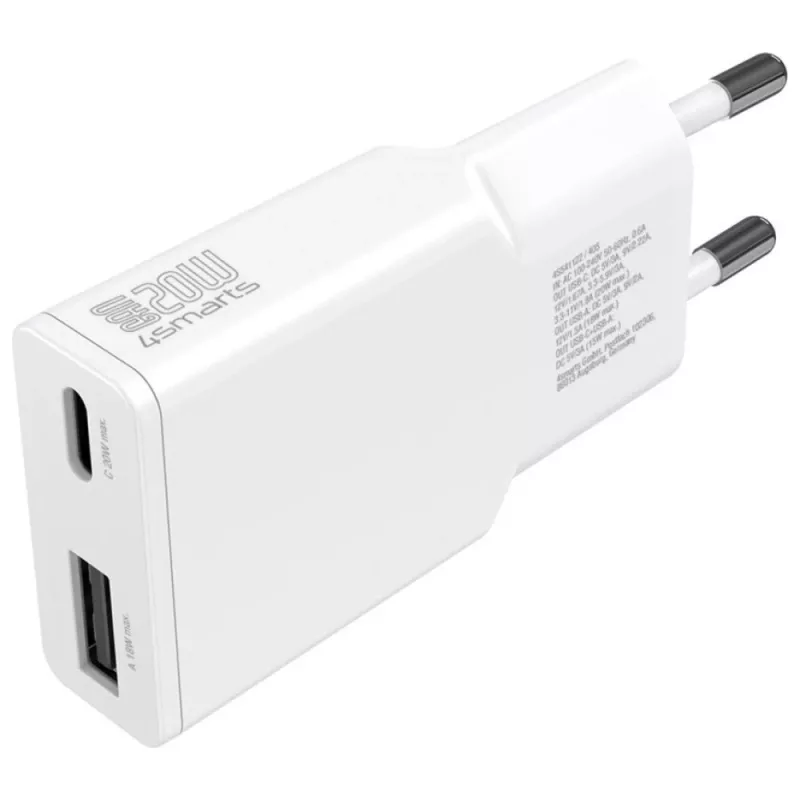 Kintamosios srovės patalpų mobiliojo įrenginio įkroviklis 4smarts 541509 — 100–240V, USB-A + USB-C, 1.5 m laidas, greitas įkrovimas, baltas