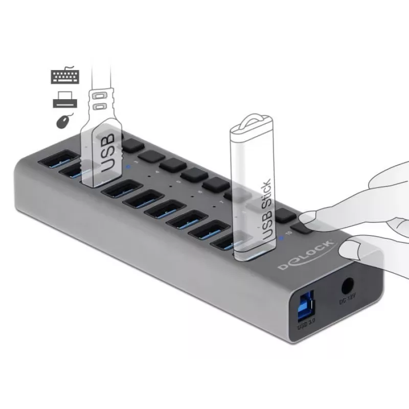 DeLOCK išorinis USB 3.2 Gen 1 10 prievadų šakotuvas su jungikliais, 5 Gbps