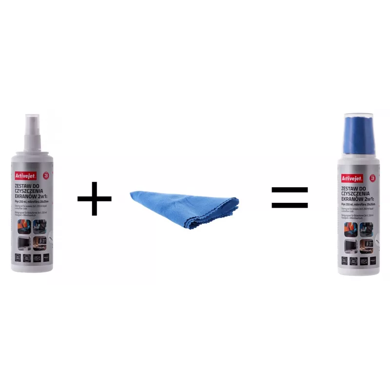 Valymo rinkinys ekranams ir plastikams ActiveJet AOC-269, 2 mikropluošto šluostės 200x200 mm, 250 ml purškiklis