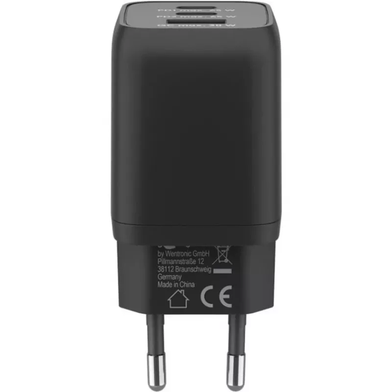 USB-C greitasis įkroviklis Nano, PD, GaN, 65 W, USB-C pintas laidas (juodas, 1x USB-A, 2x USB-C PD, Quick Charge 3.0, 1 m laidas)