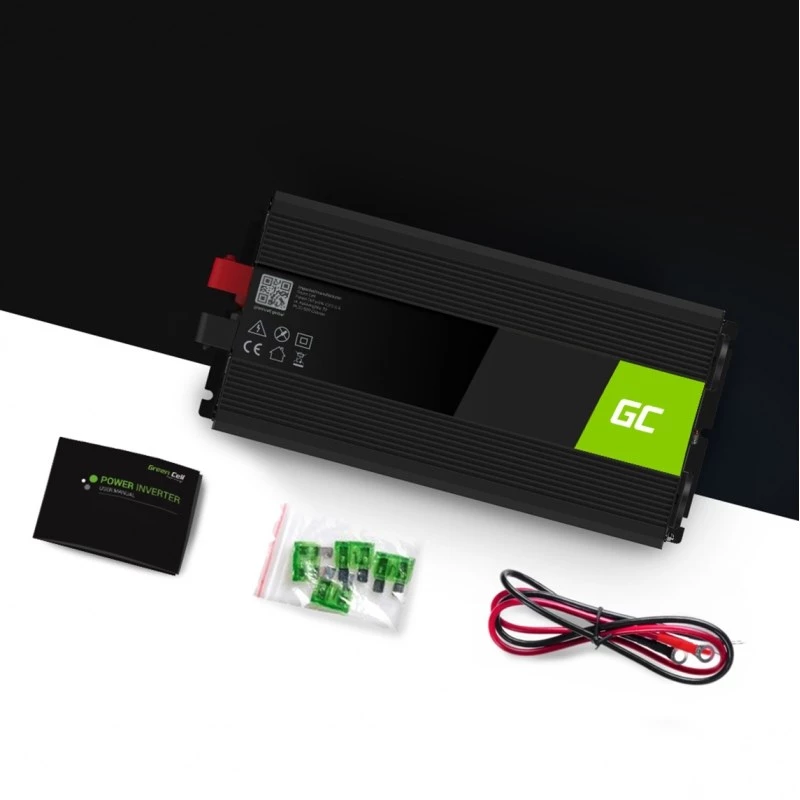 Inverter Green Cell INV25, 1500 W, 12 V DC į 230 V AC, 50 Hz, 1× USB, juoda