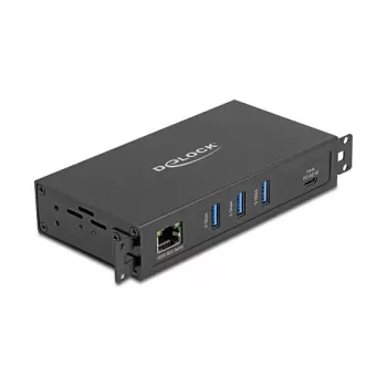 USB stotelė DELOCK 3 prievadai 5 Gbps su RJ45 Gigabit PoE++ ir USB Type-C jungtimi, metalinis korpusas, 1,5 kV izoliacija, juoda