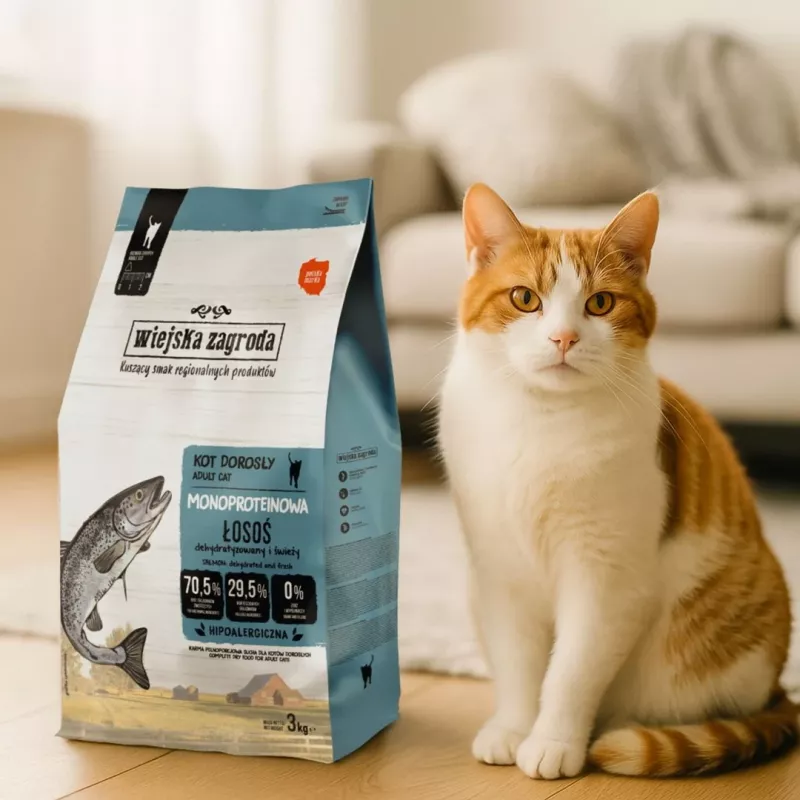 Wiejska Zagroda Monoprotein sausas kačių ėdalas su lašiša, 3 kg, vieno baltymo šaltinio