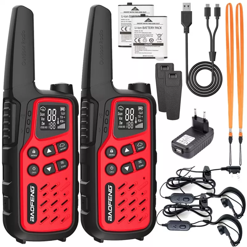 Nešiojama racija Baofeng BF-T25E — 16 kanalų, 0,5 W, Li-Ion 1400 mAh, 2 vnt. komplektas (raudona)
